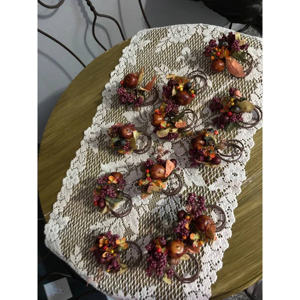Vintage Autumn Harvest Napkin Rings Set of 10 Faux Berry Apple Pinecone Fall Dec